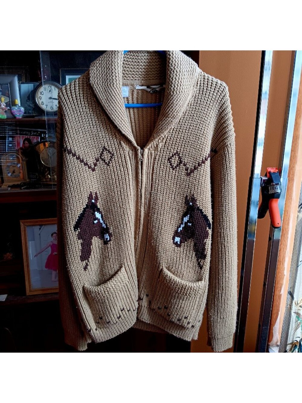 Large Vintage Miller Western Horse Cardigan Cowichan Sweater Zip Shawl Collar